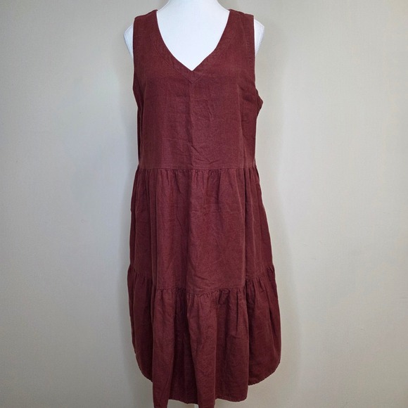 Matty M Dresses & Skirts - Matty M Womens Linen Blend Tiered Midi Dress Burgundy V-Neck Sleeveless L MD9210